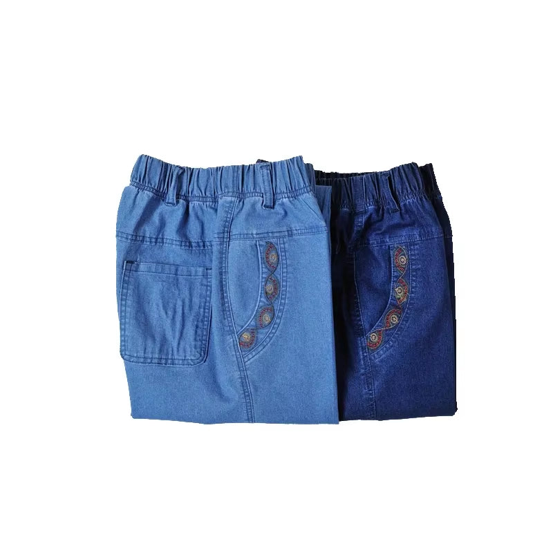 L-5XL Jeans Female Spring Summer New Embroidery Nine Denim Pants Slim High Waist Elasticity Casual Women Cowboy Pants H450