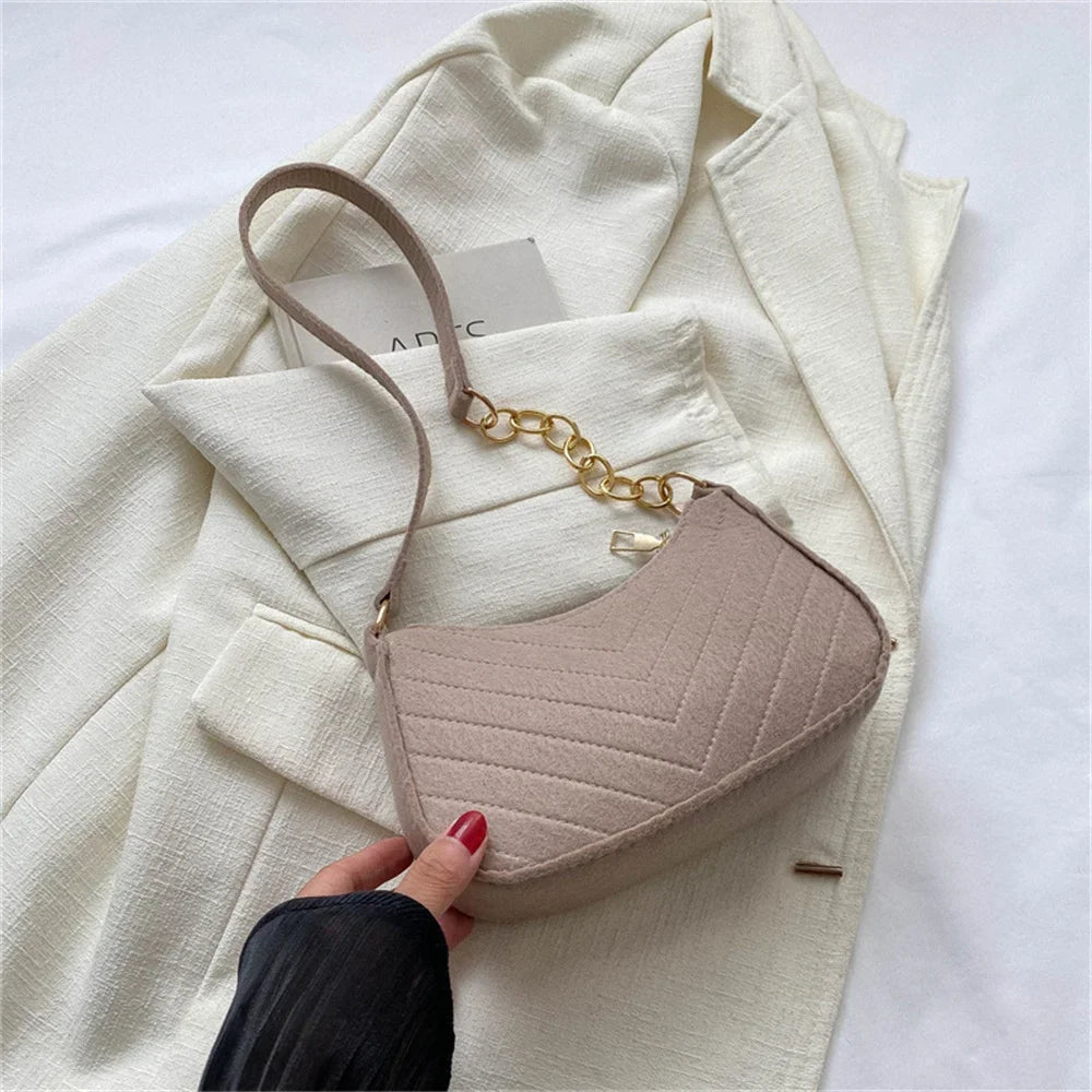 Felt Mini Shoulder Bag Women Fashion Solid Color Casual Handbags with Chain Shoulder Pouch Simple Light Weigh Underarm Bag