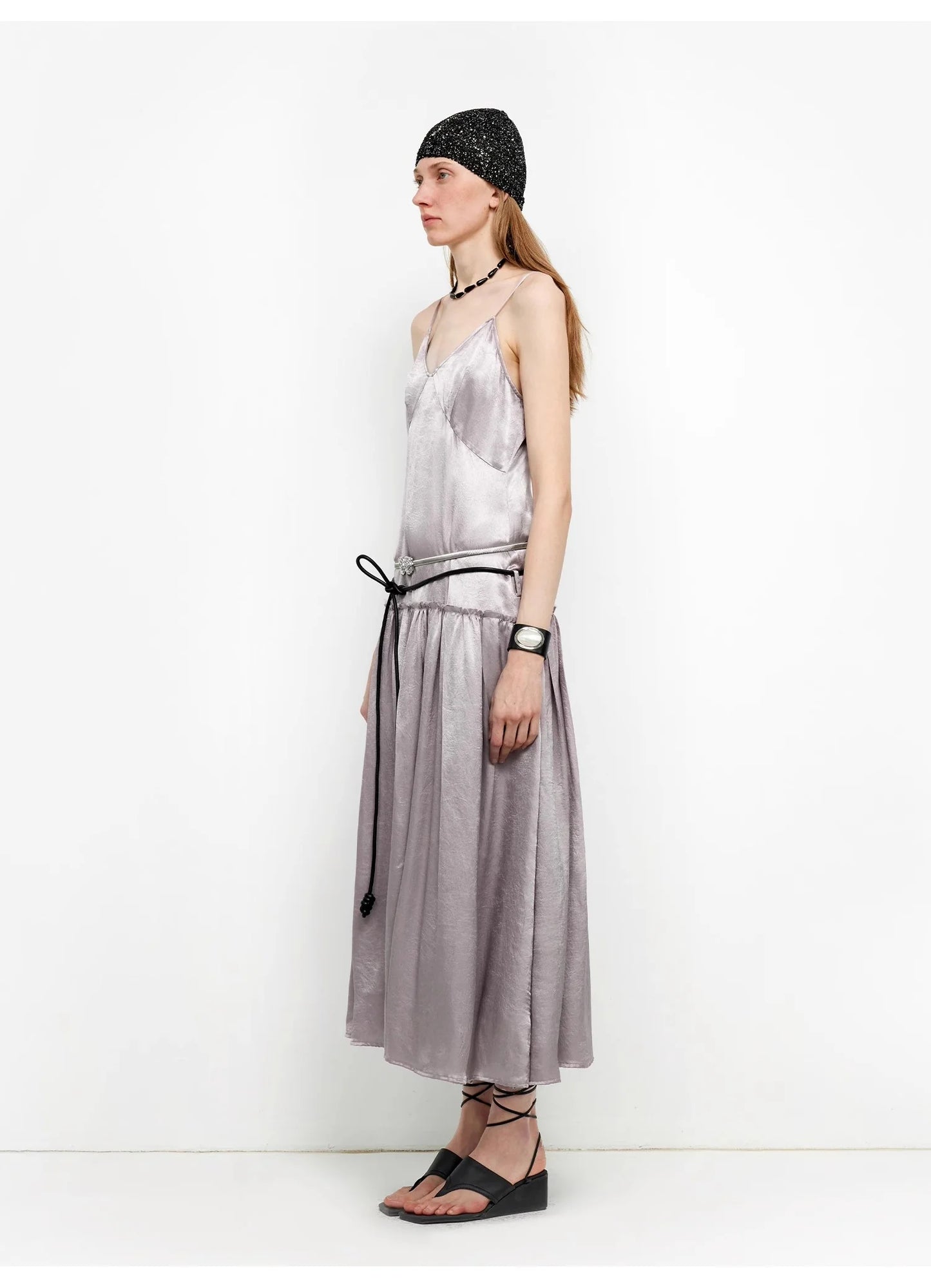 Luxurious and Light, Glossy and Silky 100% Acetate Low-Waisted Long Suspender Dress "Girls' Letterhead"