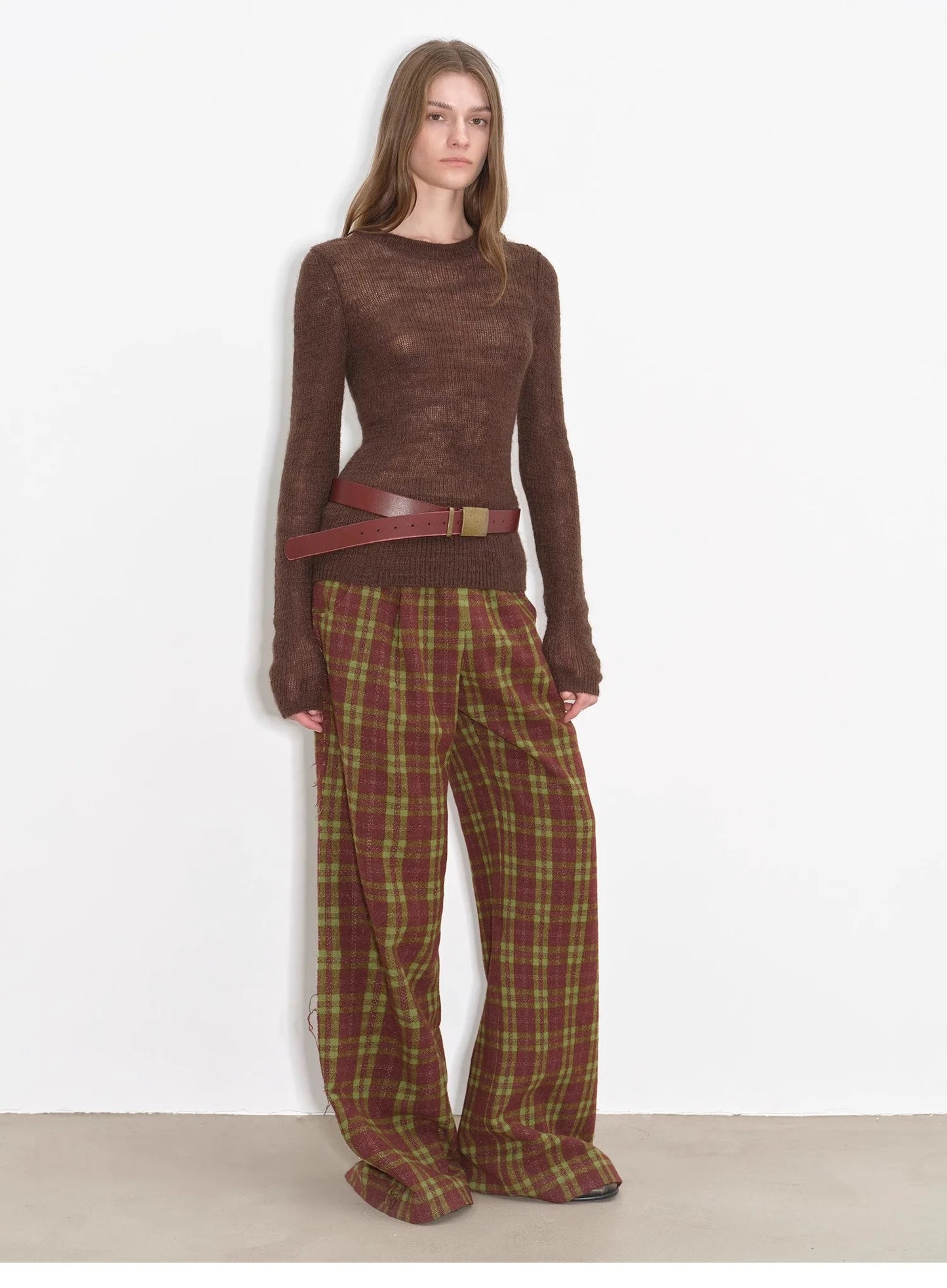 "Vintage Opportunity" High-Proportion Merino Wool Single Pleated Plaid Tweed Low-Rise Wide-Leg Casual Pants
