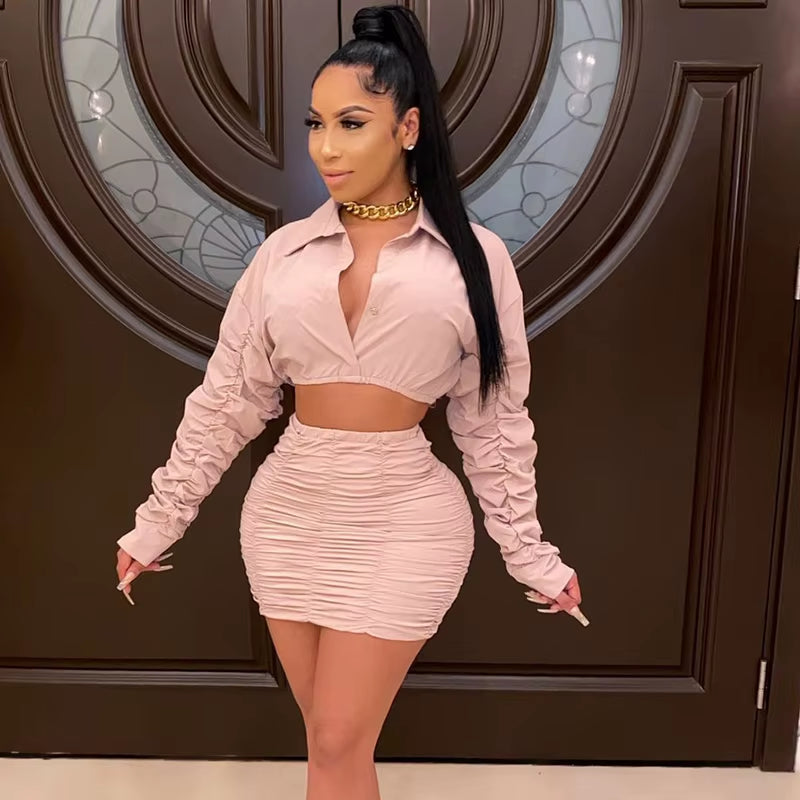 Ruched Sexy Two Piece Set Women Skirt and Top Fashion Mini Skirt Set for Women Party Club Elegant 2 Piece Sets Womens Outfits