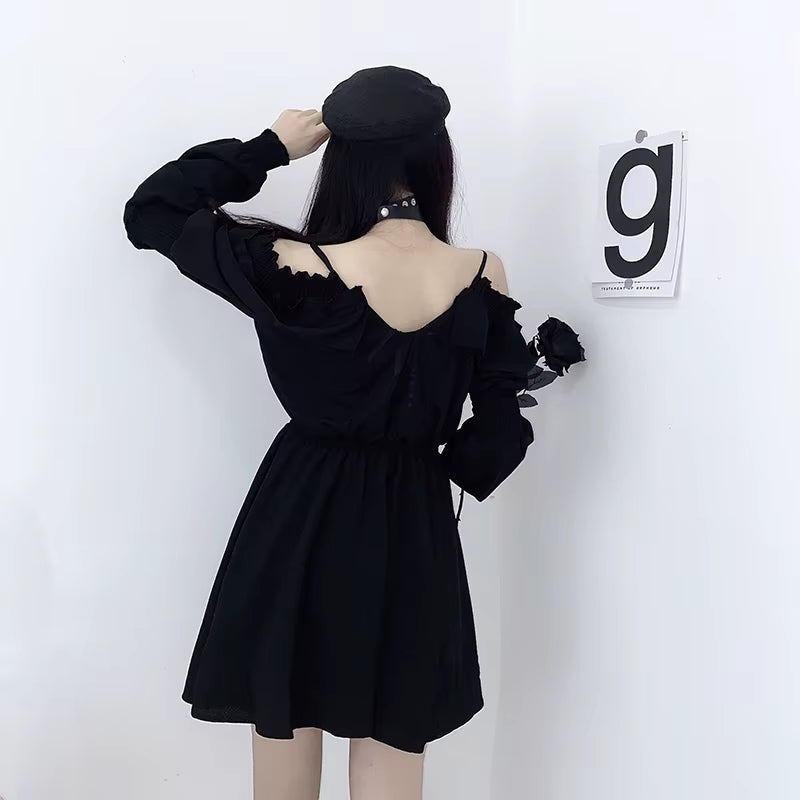 Women Dress M-4XL Lace up Black Autumn 2024 Sexy High Waist Femme Dresses off Shoulder Long Sleeve Gothic Clothes