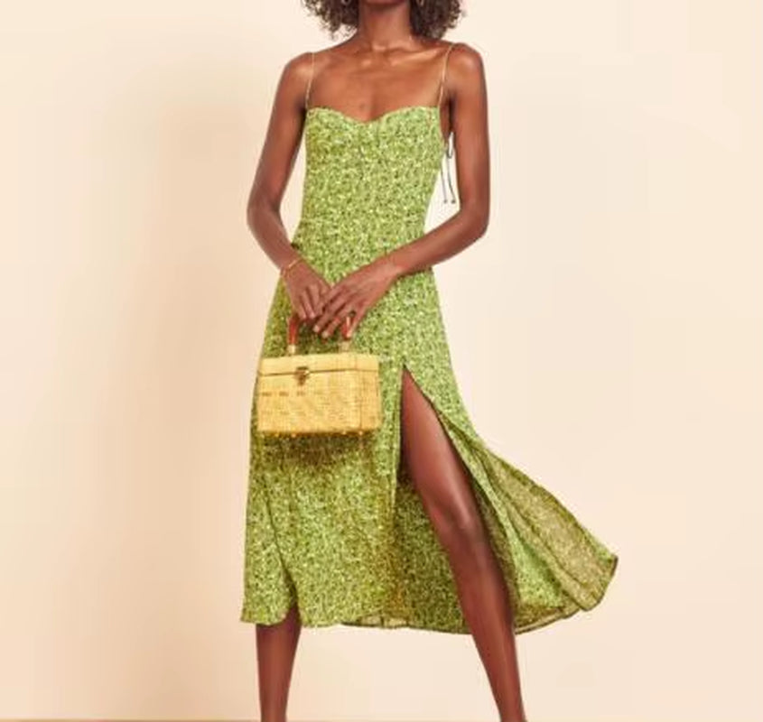 2025 Elegant Adjusts Blue Leopard Print Dress Elastic Bust Side Split Dress Party Midi Dresses