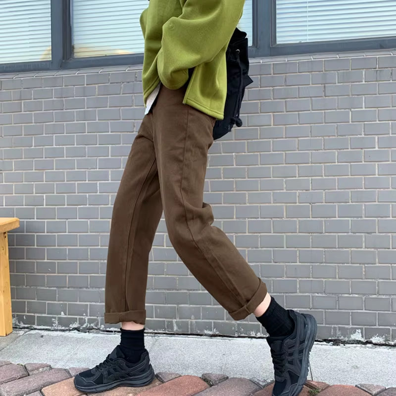 2022 Autumn New Brown Straight Denim Vintage Slender Office Lady Jeans Women Trousers High Waist Large Size Pants Female KZ703