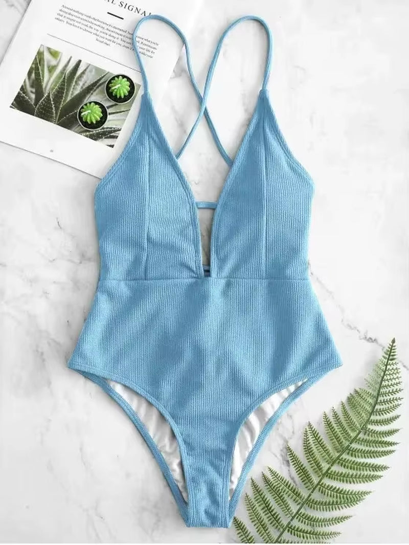 2024 Sexy Halter Solid Women Swimwear Blue High Cut Out One Piece Swimsuit Backless Thong Swim Suit Female Bathing Suit Monokini