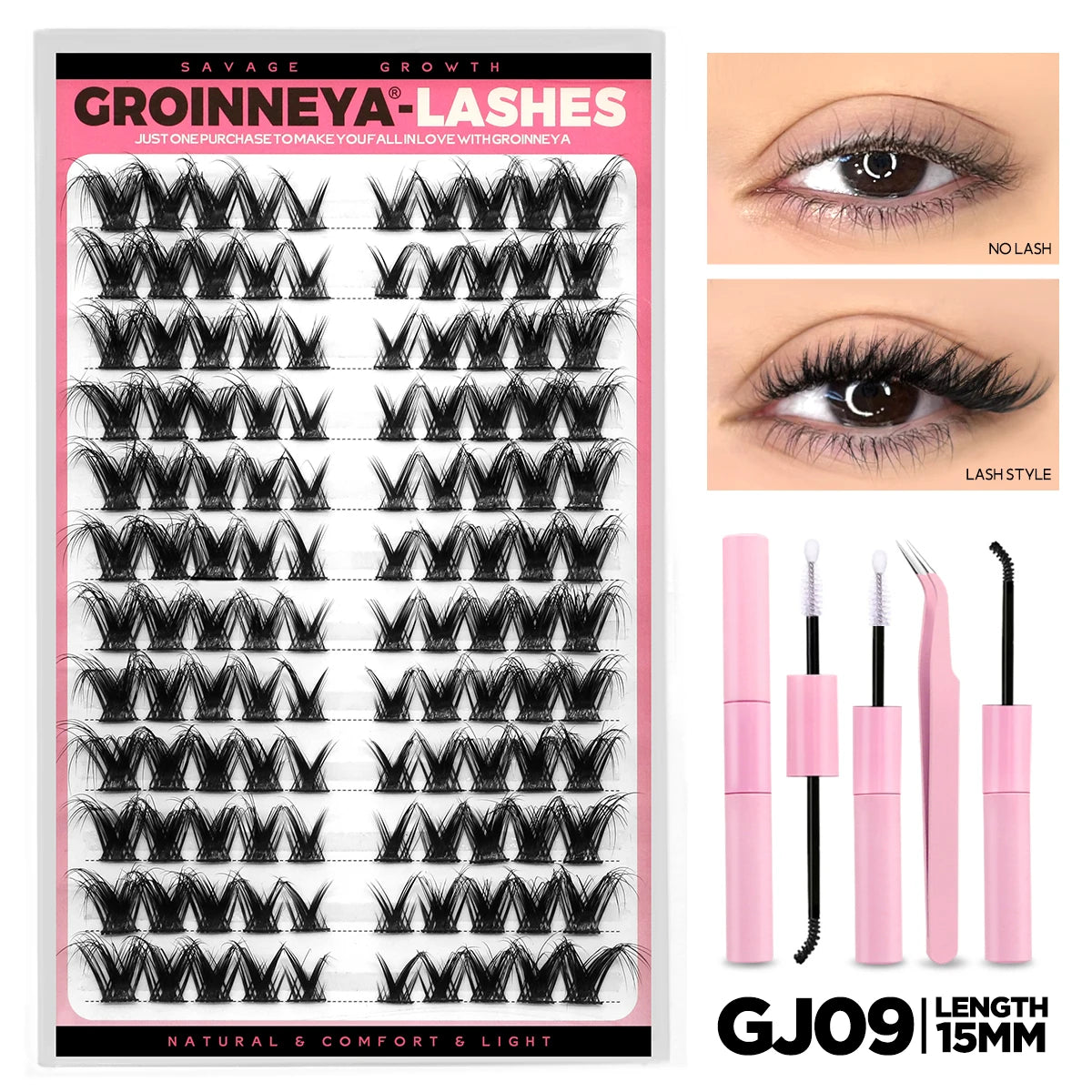 Cat Eyelashes Clusters Kit Winged End Eye Elongated DIY Lash Extension Kit Lash Bond & Seal & Eyelash Tweezers Fox Eye