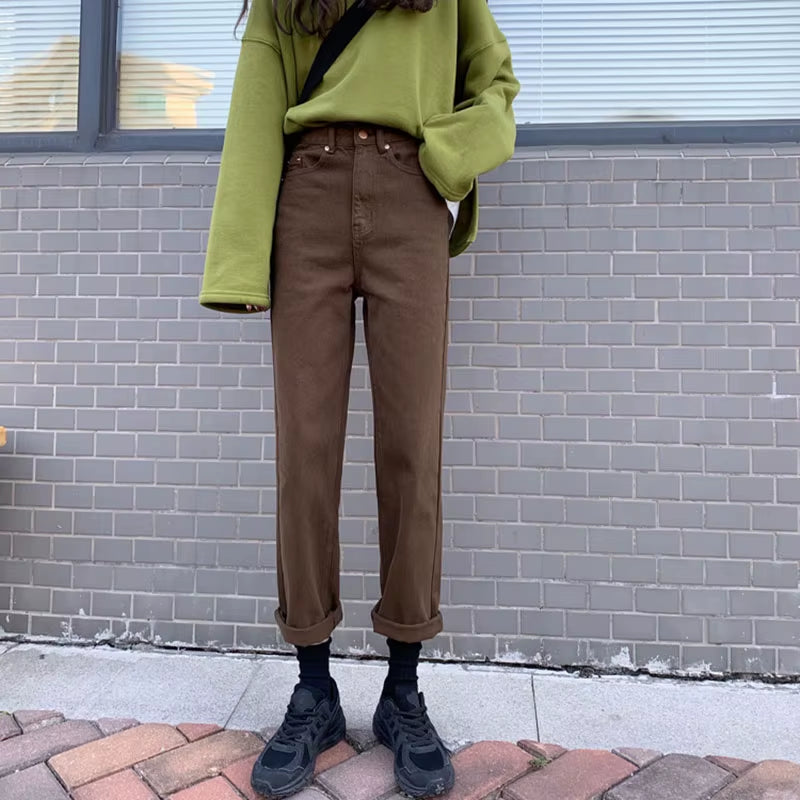 2022 Autumn New Brown Straight Denim Vintage Slender Office Lady Jeans Women Trousers High Waist Large Size Pants Female KZ703
