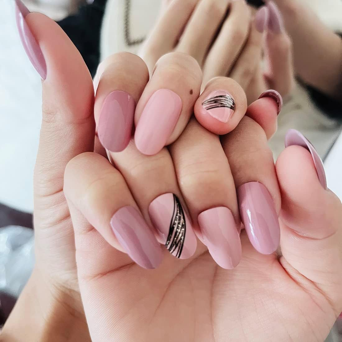 Almond Oblique Gold Thread French Designs 24 Pcs Cute Pointed Oval Shape Press on Nails Pink Full Coverage Short Length Fake False Nails, Art for Women and Girls Stick on Nails
