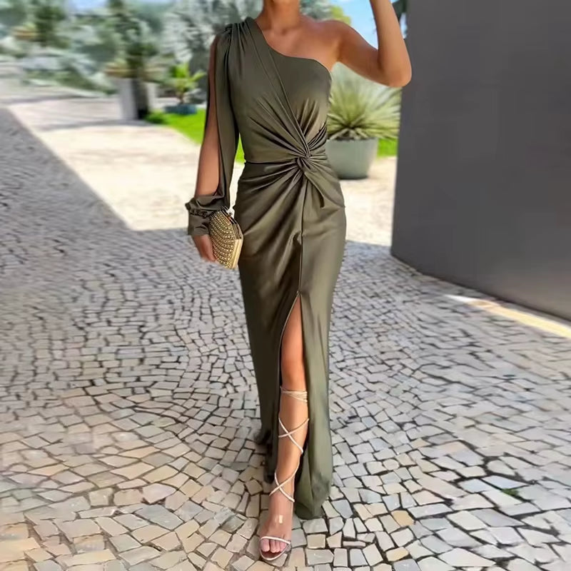2024 Women One Shoulder Long Party Dress Spring Autumn Solid Full Sleeve Split Ladies Dresses Elegant Streetwear Dropshipping