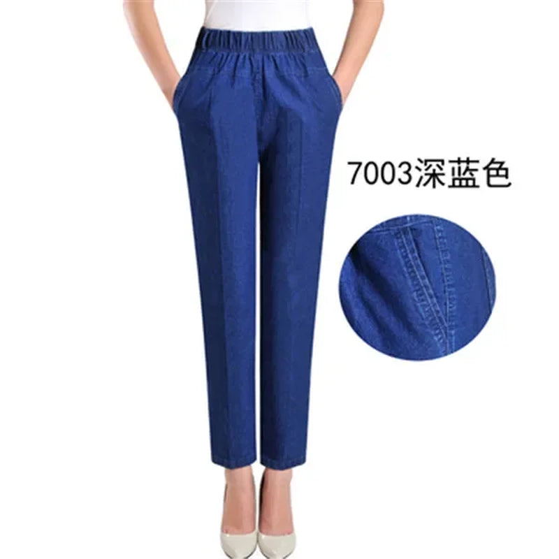 L-5XL Jeans Female Spring Summer New Embroidery Nine Denim Pants Slim High Waist Elasticity Casual Women Cowboy Pants H450