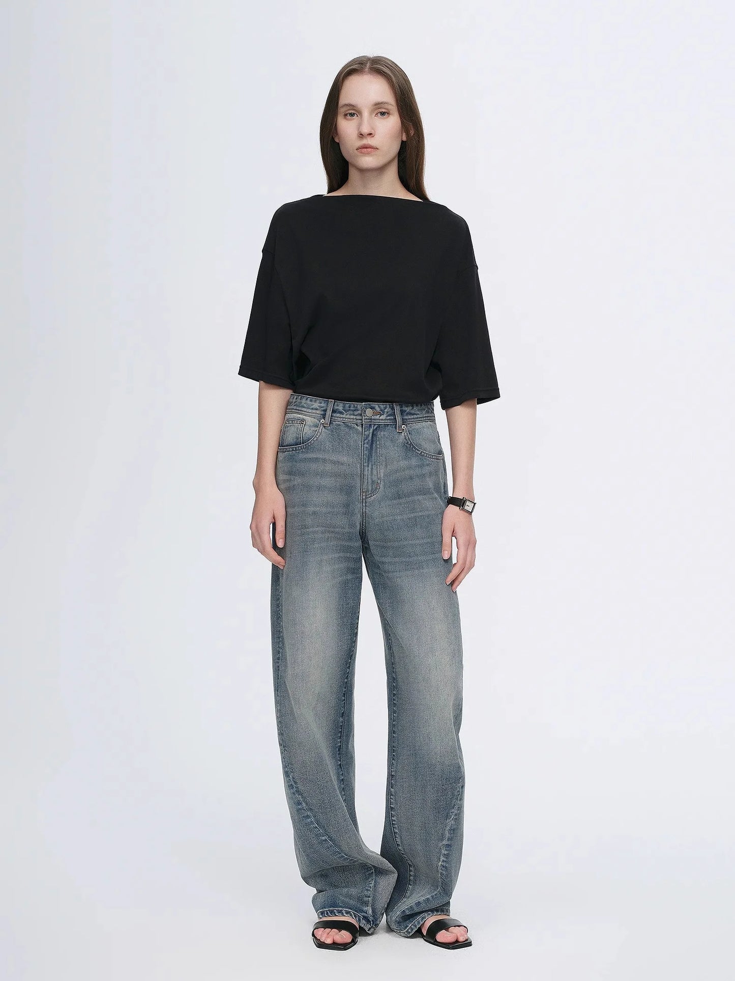Vintage Heavy Cotton Polyester Blended Washed Comfortable Slim Front Curved Jeans