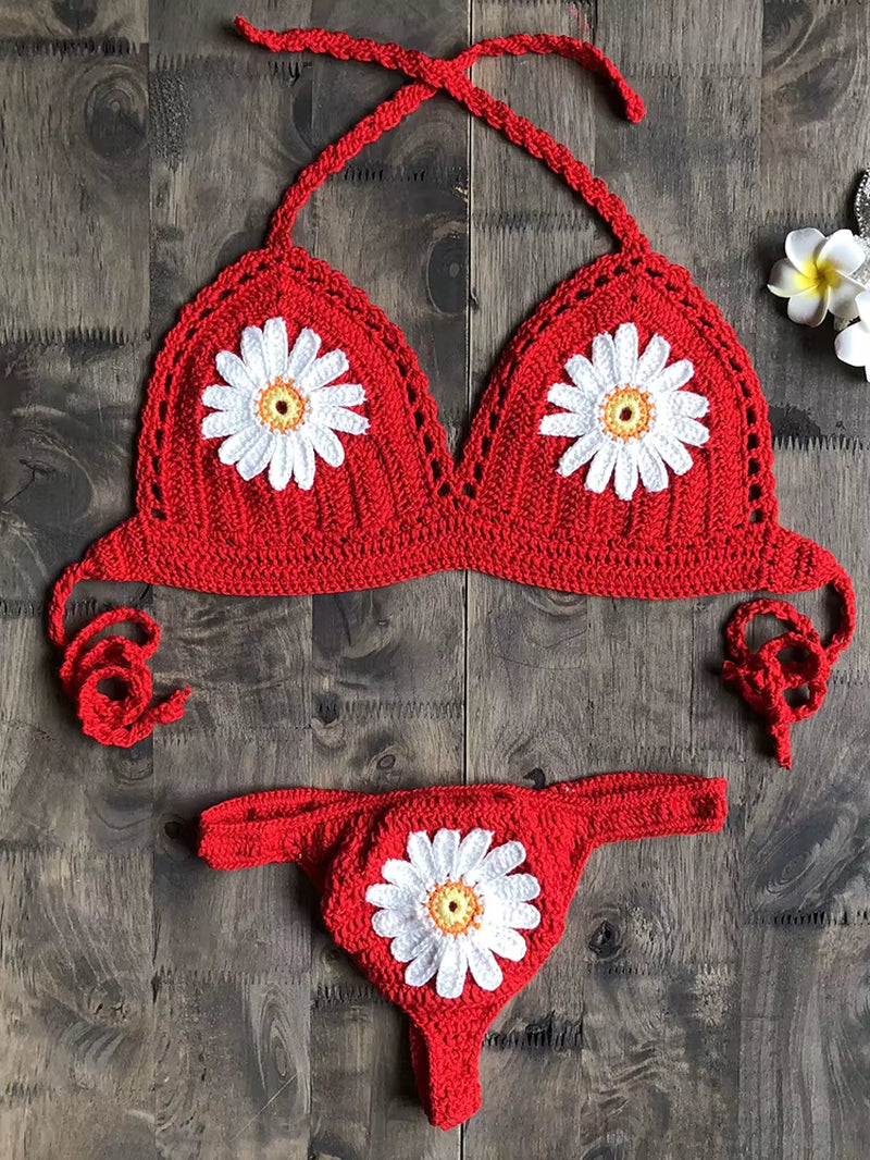 2019 New Fashion Beach Bikini Set Knitting Swimsuit Crochet Bohemia Style off Shoulder Bathing Handmade Sexy Bikini