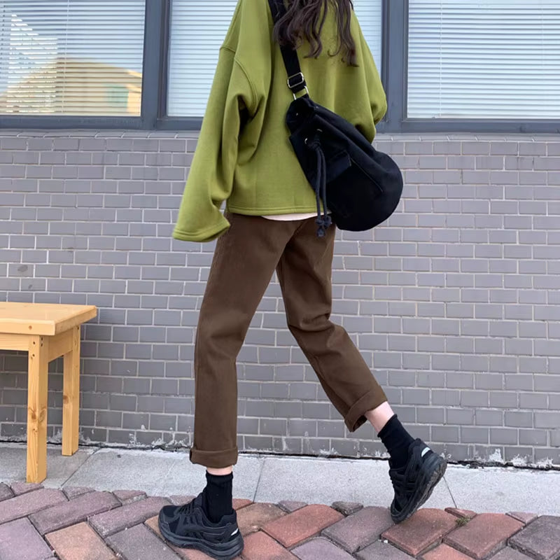 2022 Autumn New Brown Straight Denim Vintage Slender Office Lady Jeans Women Trousers High Waist Large Size Pants Female KZ703