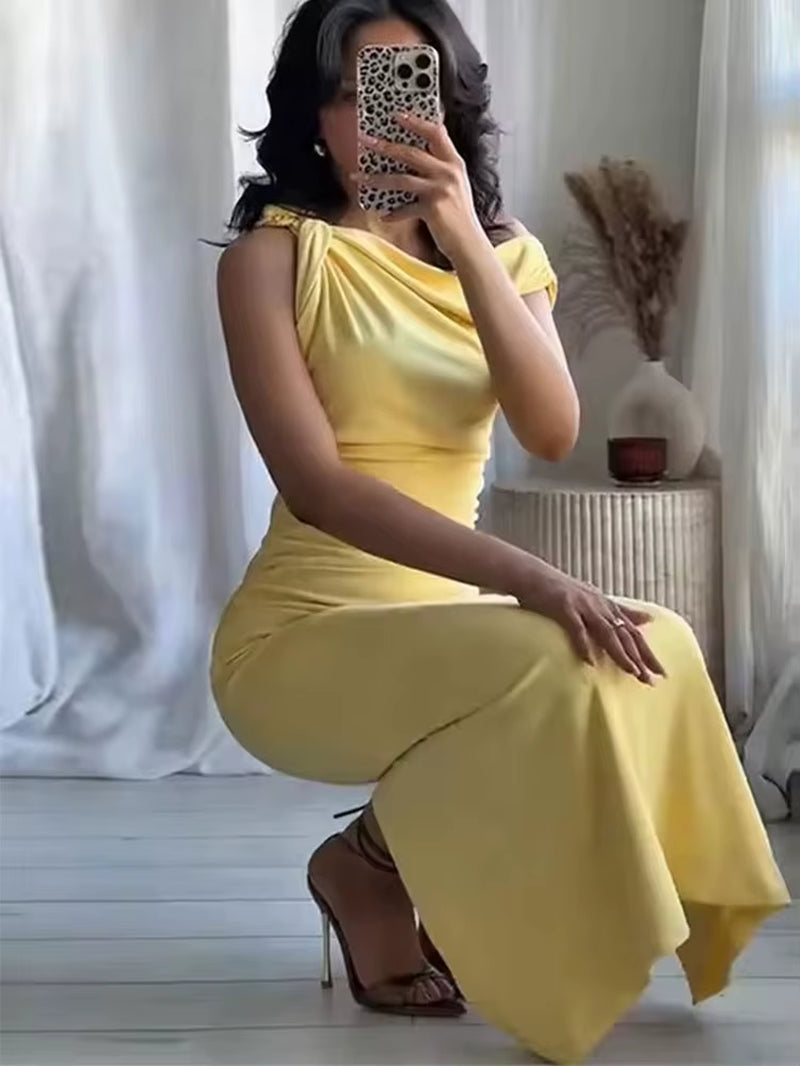 Elegant Dress for Women Yellow Asymmetric Sleeveless Pleated Long Dresses Woman 2025 Summer Vintage Party Evening Dress