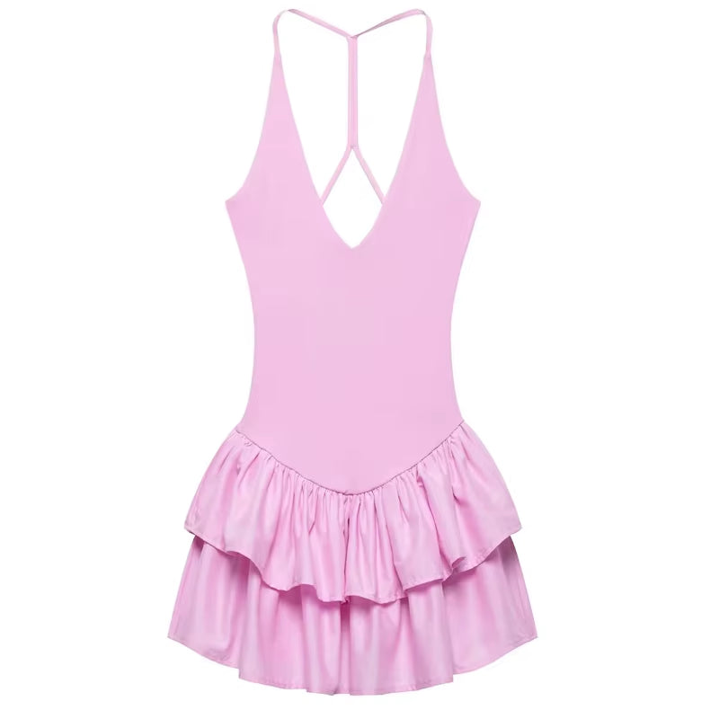 off Shoulder Women'S Dress Halter Solid Short Dresses 2025 Woman V Neck Layered Mini Dress Backless Party Dress for Women