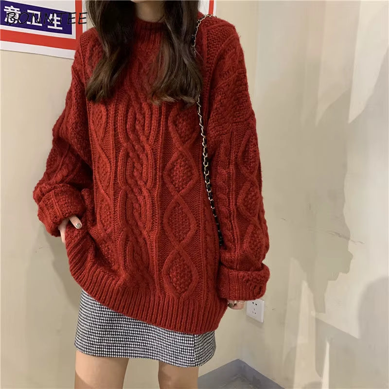 Pullovers Women Ins Preppy Loose Long Sleeve Retro Ladies Twisted Sweater All-Match Holiday Daily Sweet Femme Christmas Knitwear