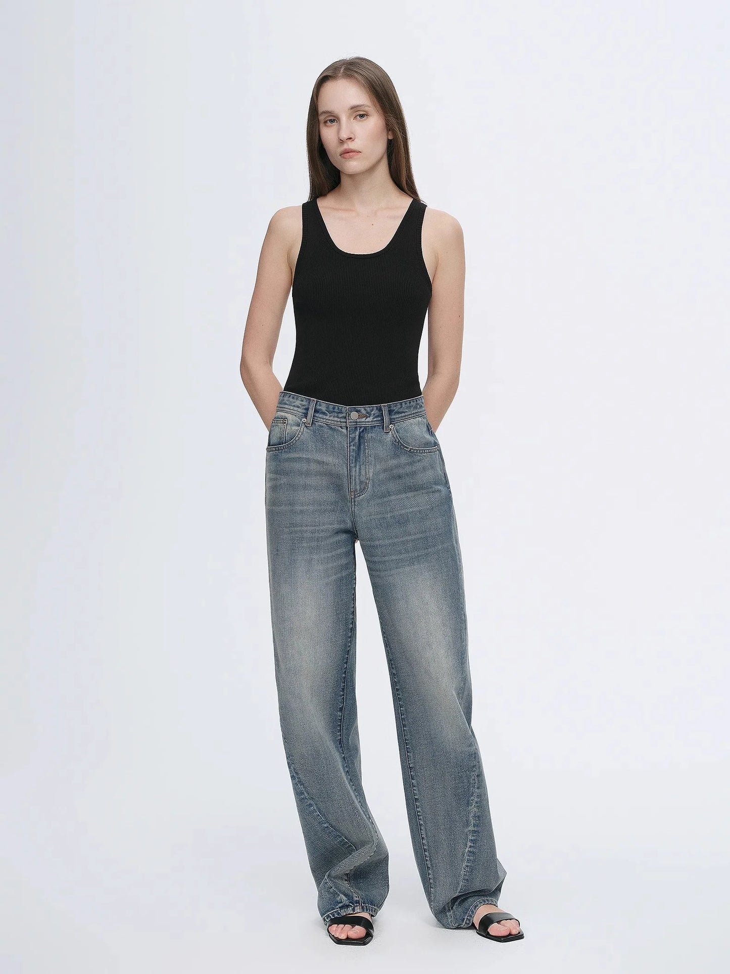 Vintage Heavy Cotton Polyester Blended Washed Comfortable Slim Front Curved Jeans