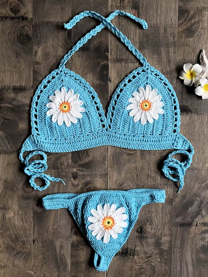 2019 New Fashion Beach Bikini Set Knitting Swimsuit Crochet Bohemia Style off Shoulder Bathing Handmade Sexy Bikini