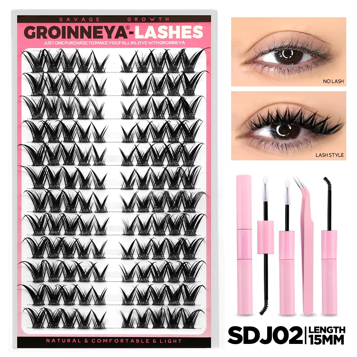Cat Eyelashes Clusters Kit Winged End Eye Elongated DIY Lash Extension Kit Lash Bond & Seal & Eyelash Tweezers Fox Eye