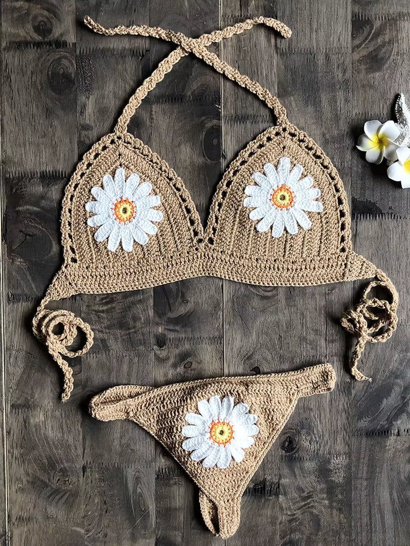 2019 New Fashion Beach Bikini Set Knitting Swimsuit Crochet Bohemia Style off Shoulder Bathing Handmade Sexy Bikini