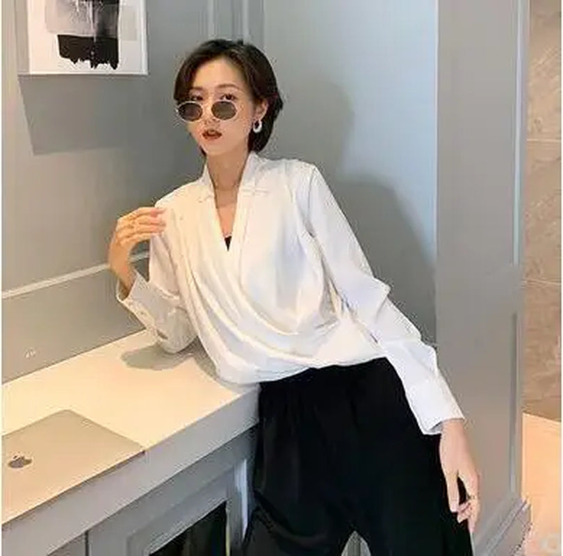 Autumn Spring French Silk Satin Shirts Women Sexy V-Neck Long Sleeve Fashion Women Shirt Lady Office Blouses Female Loose 2022