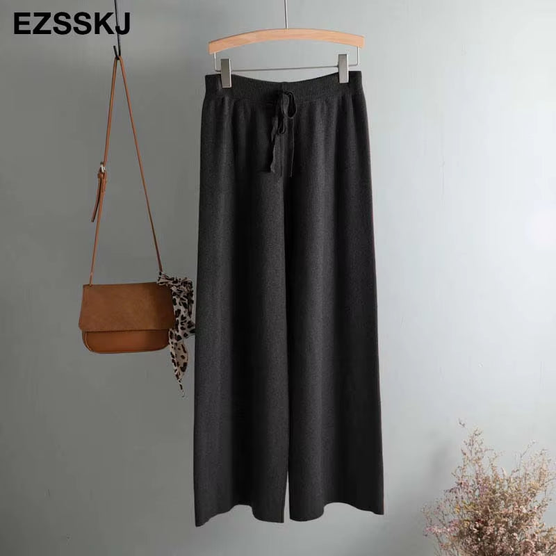 2020 Autumn Winter New THICK Casual Straight Pants Women Female Drawstring Loose Knitted Wide Leg Pants Casual Trousers