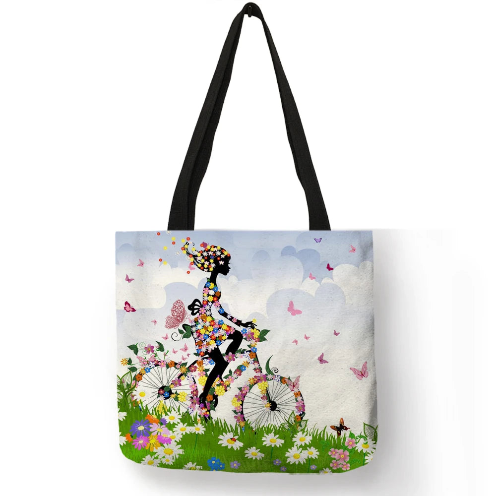 Wishing Girl Print Linen Reusable Shopping Bags Women Large Tote Bags 2020 Fashion Handbags with Customized Printed
