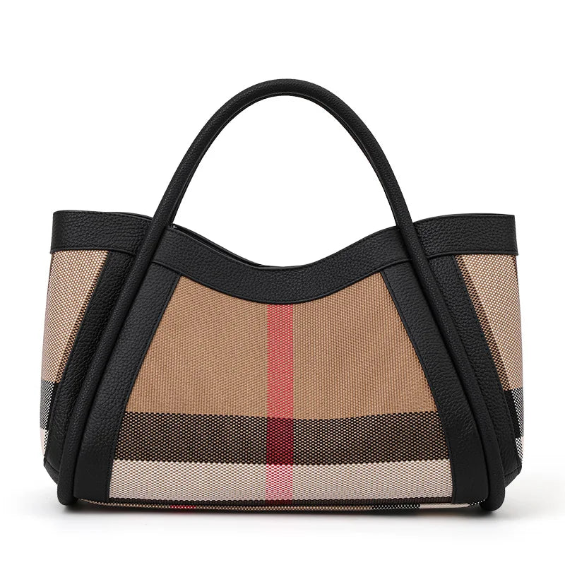 2025 New Retro Checkered Women'S Handbag, Large Capacity Luxury Bag, Canvas Genuine Leather Bag