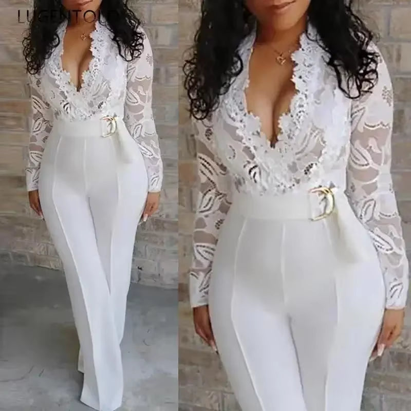 Women White Jumpsuit Lace Stitching Long Sleeve V-Neck Large Size Wide Leg Pants Office Lady Jumpsuits for Woman