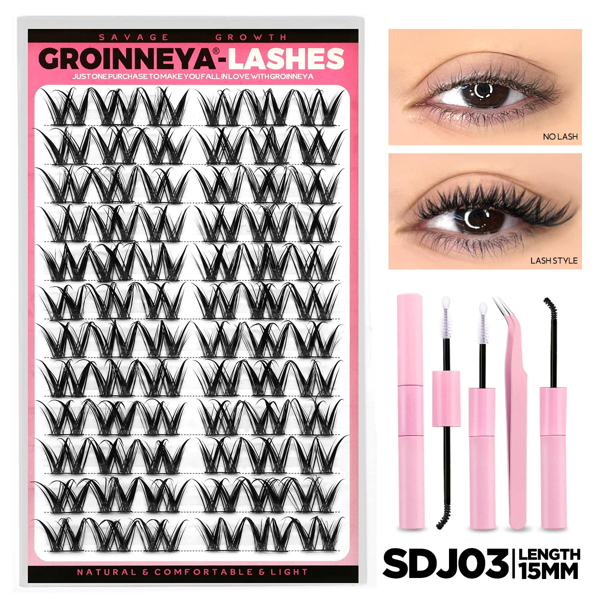 Cat Eyelashes Clusters Kit Winged End Eye Elongated DIY Lash Extension Kit Lash Bond & Seal & Eyelash Tweezers Fox Eye