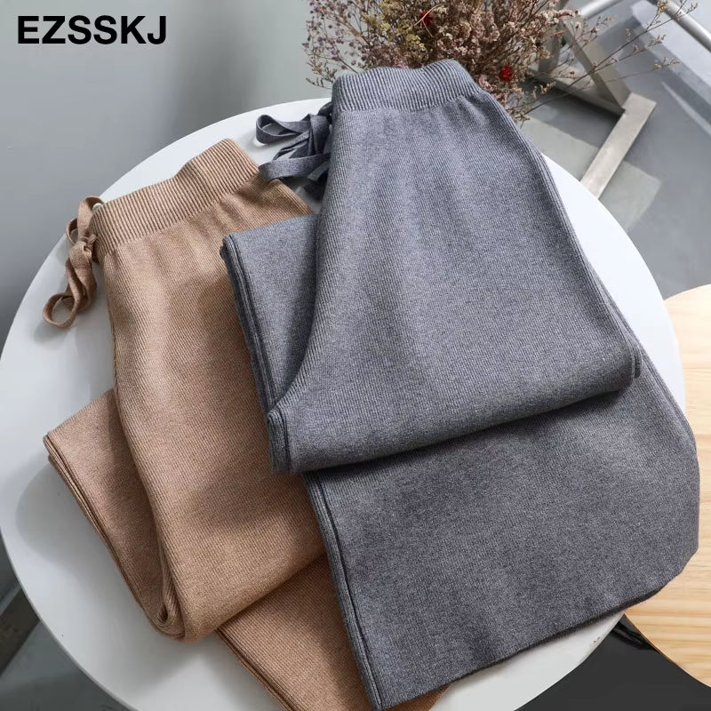 2020 Autumn Winter New THICK Casual Straight Pants Women Female Drawstring Loose Knitted Wide Leg Pants Casual Trousers
