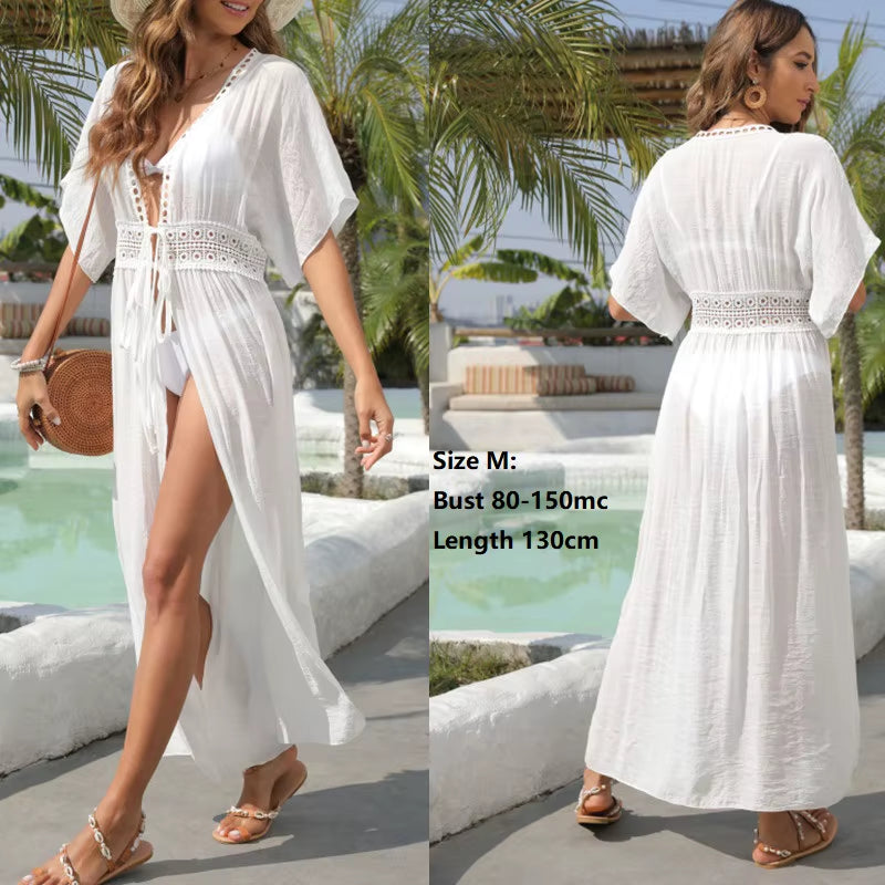 Bikini Cover Ups for Women Beach Tunic Black White Lace Saida De Praia Dress Summer Long Robe Cover up 2025 Maxi Dresses Coverup