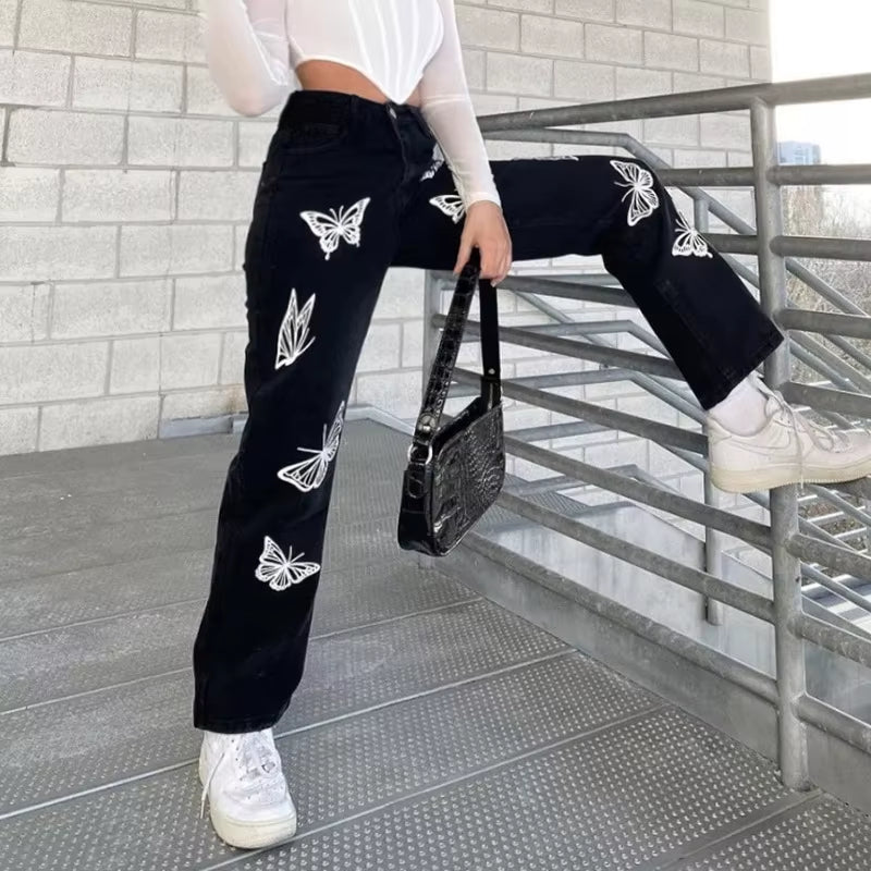 Black Baggy Jeans Women Butterfly Print Aesthetic Denim Pants Fashion High Waist Straight Long Trousers Ladies Streetwear 2021
