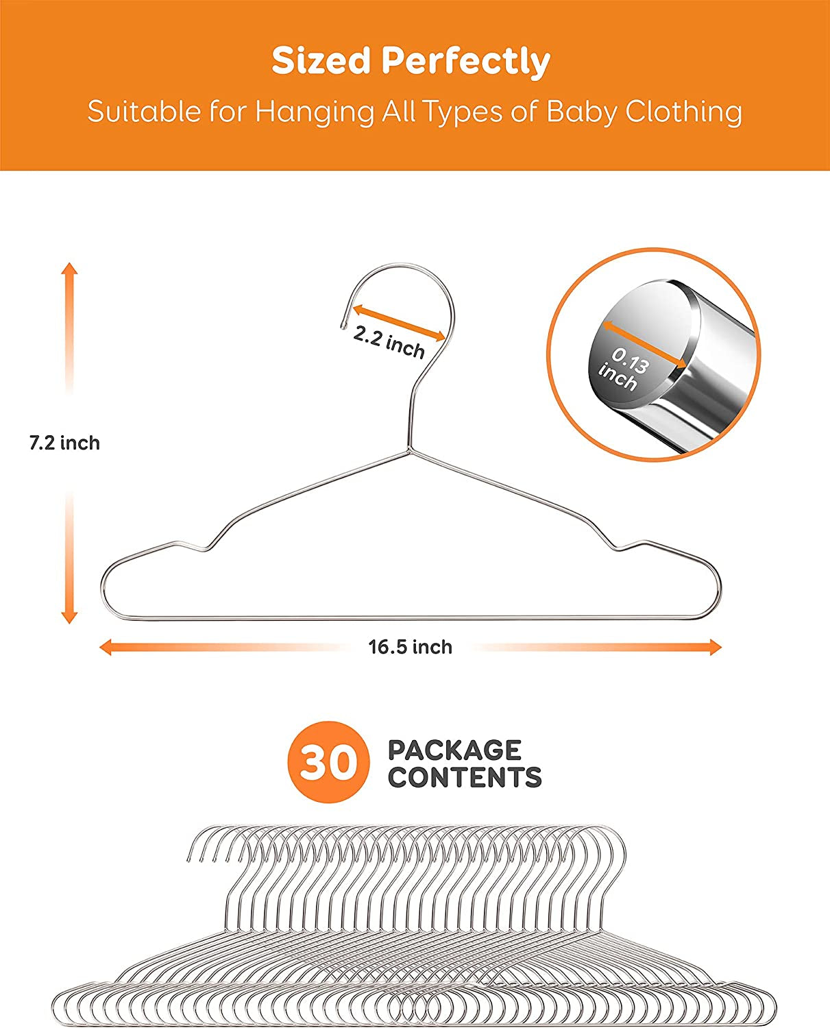 Baby Hangers, 50 Pack Stainless Steel 12.6 Inch Heavy Duty Non-Slip Space Saving Coat Hangers for Kids Children Toddler Clothes
