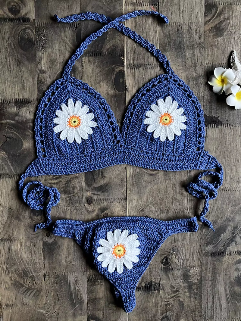 2019 New Fashion Beach Bikini Set Knitting Swimsuit Crochet Bohemia Style off Shoulder Bathing Handmade Sexy Bikini