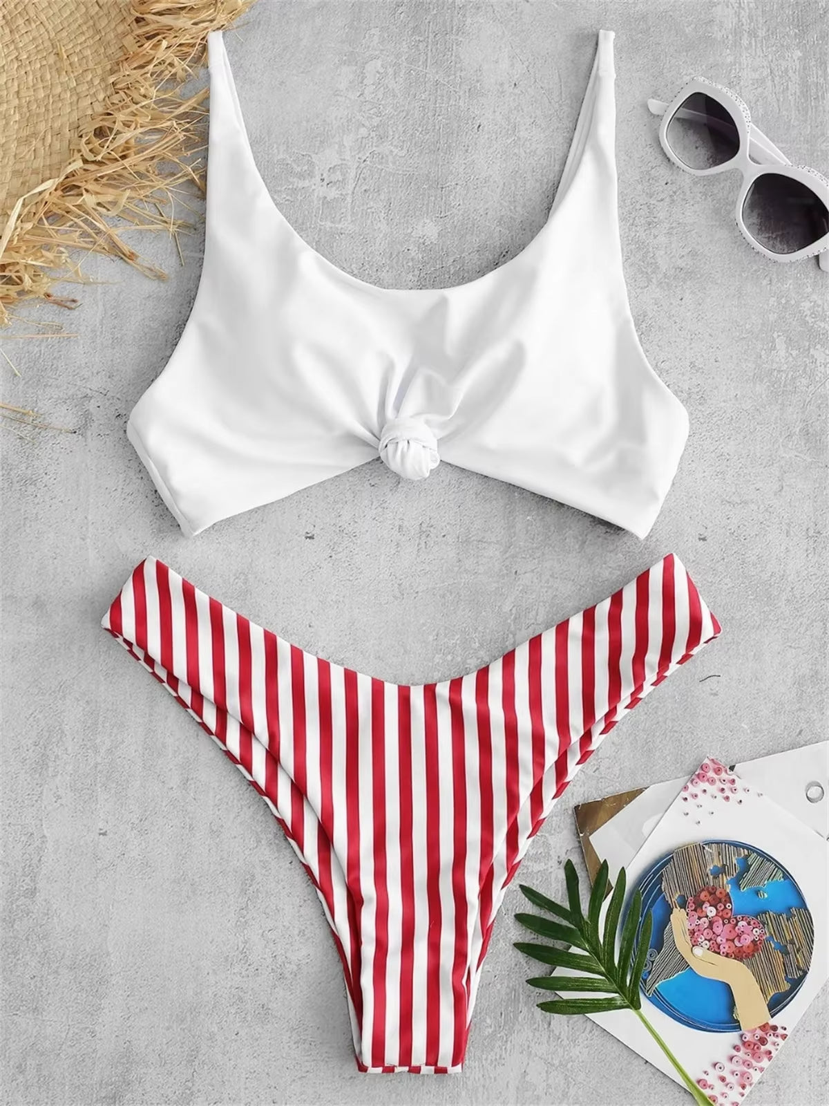 Sexy Micro Bikini 2025 Women Swimsuit Scoop Neck Striped Swimwear Knot Bow Fringe Summer Beachwear Bathing Suit Push up Biquini