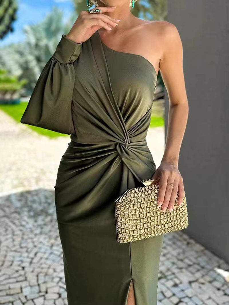 2024 Women One Shoulder Long Party Dress Spring Autumn Solid Full Sleeve Split Ladies Dresses Elegant Streetwear Dropshipping