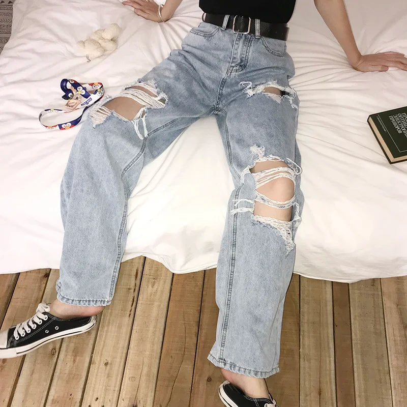2020 New High Waist Ripped Jeans Women'S Hip Hop Loose Jeans 5XL Women Pants Vintage Female Torn Trousers Streetwear KZ69