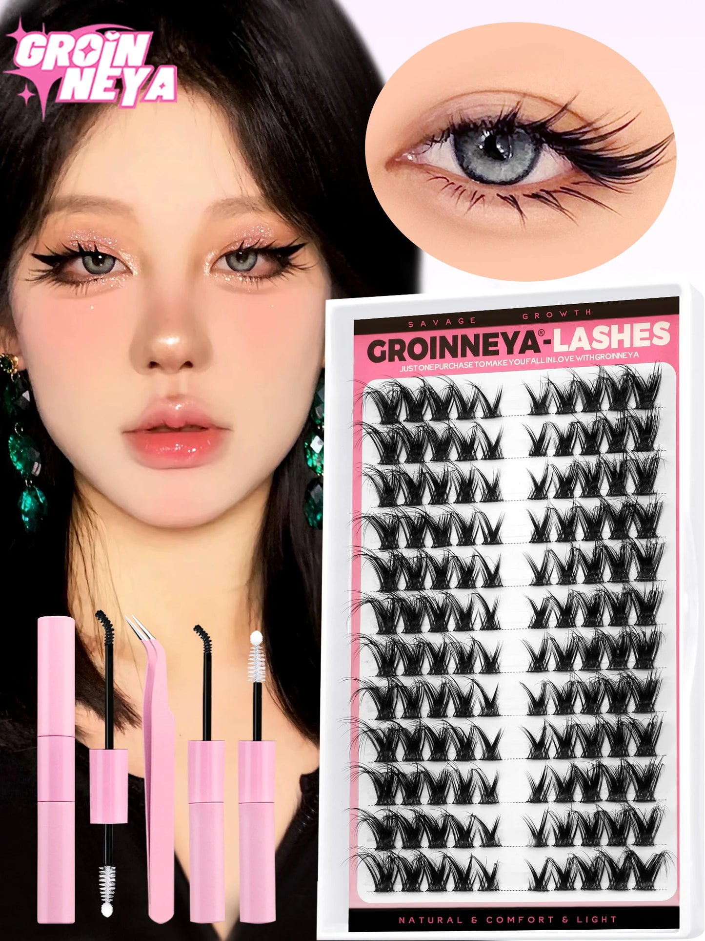 Cat Eyelashes Clusters Kit Winged End Eye Elongated DIY Lash Extension Kit Lash Bond & Seal & Eyelash Tweezers Fox Eye