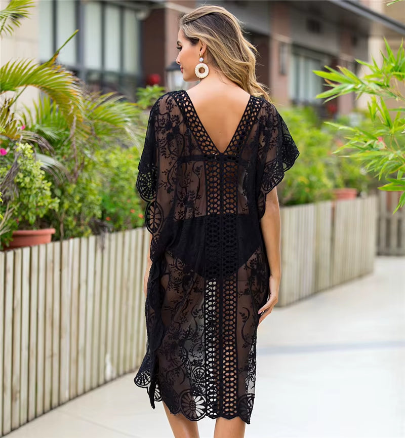 Bikini Cover Ups for Women Beach Tunic Black White Lace Saida De Praia Dress Summer Long Robe Cover up 2025 Maxi Dresses Coverup