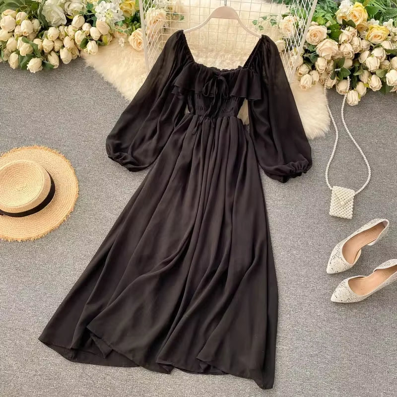 Chic Elegant Square Collar Maxi Dress Women Solid Chiffon Puff Sleeve Dresses 2025 Beach Party Robe Vintage Ruffle Vestidos Y2K