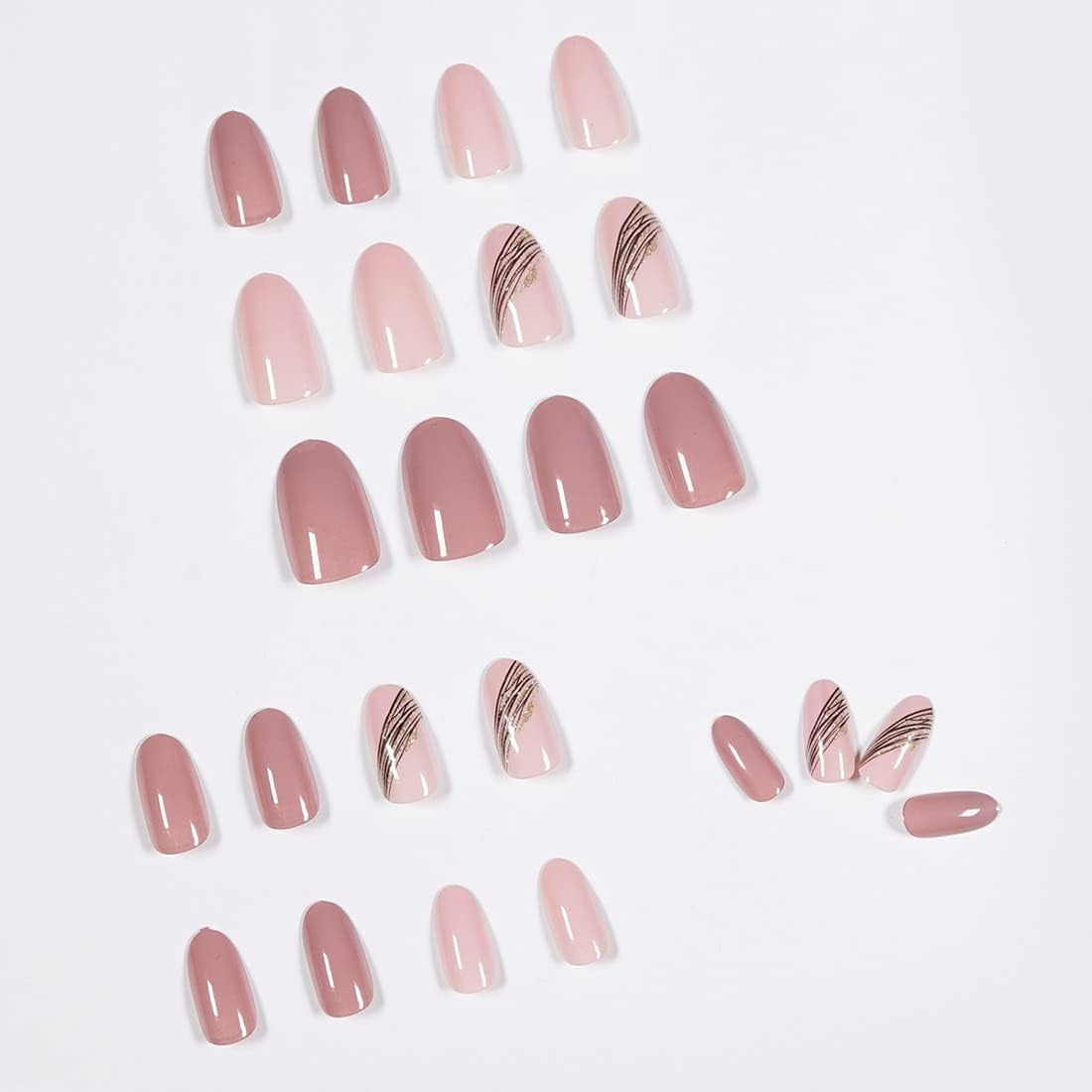 Almond Oblique Gold Thread French Designs 24 Pcs Cute Pointed Oval Shape Press on Nails Pink Full Coverage Short Length Fake False Nails, Art for Women and Girls Stick on Nails