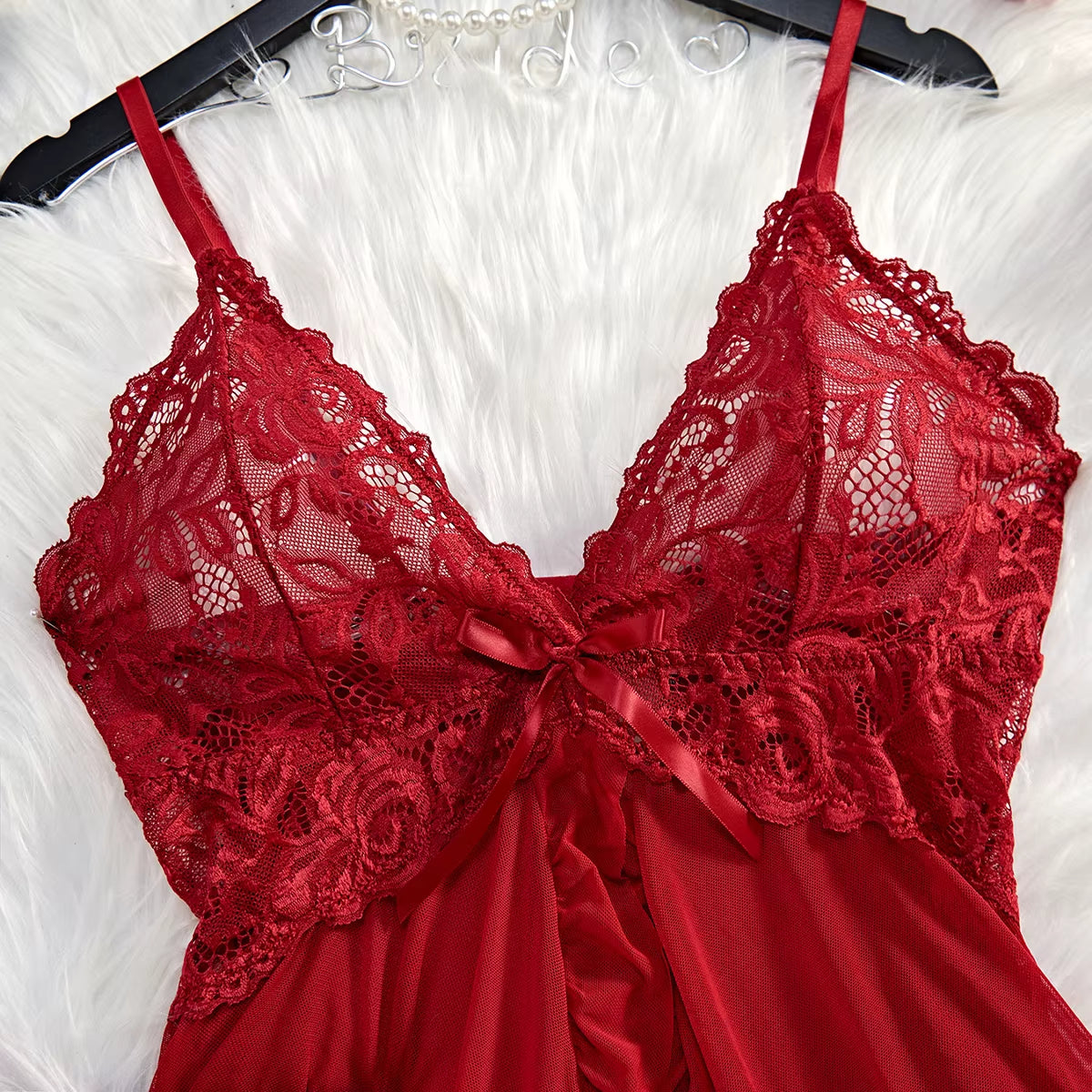 Transparent Red Sexy Lingerie Women'S Underwear See through Sleepwear Lace Nightdress and Panty Pijamas Sets Female Sexy Nighty