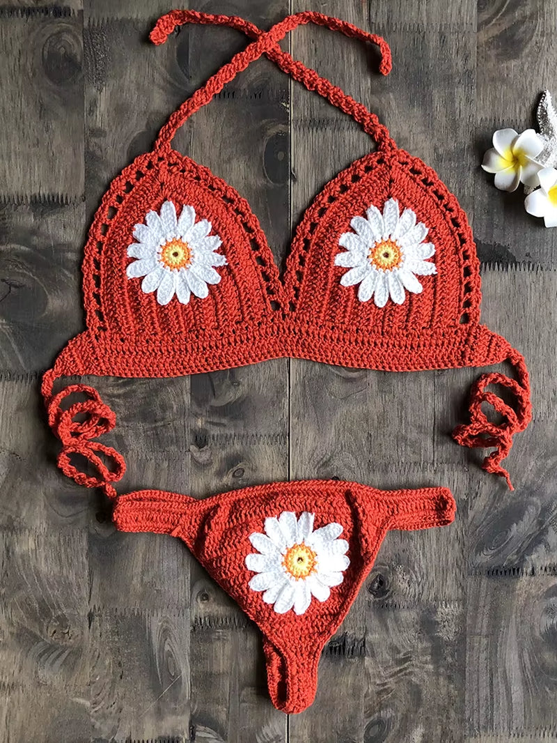 2019 New Fashion Beach Bikini Set Knitting Swimsuit Crochet Bohemia Style off Shoulder Bathing Handmade Sexy Bikini