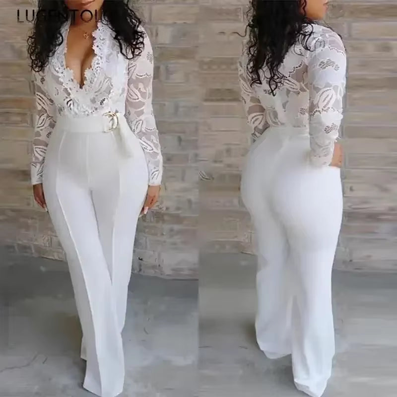 Women White Jumpsuit Lace Stitching Long Sleeve V-Neck Large Size Wide Leg Pants Office Lady Jumpsuits for Woman