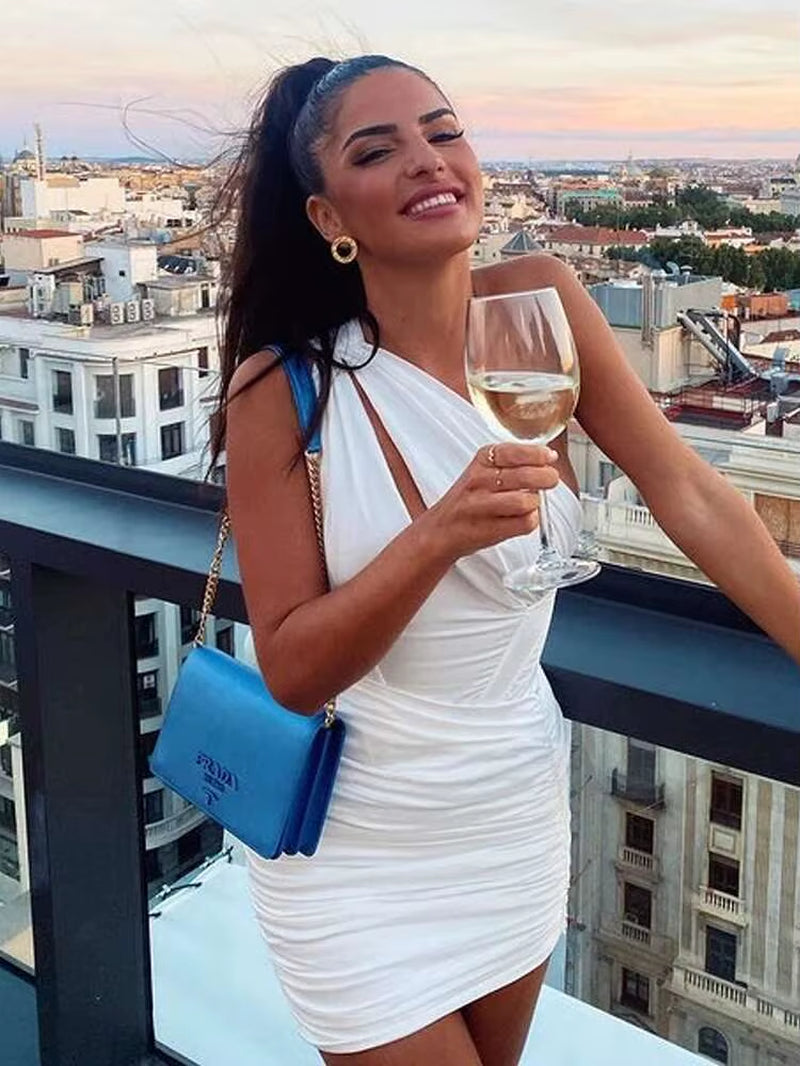 One Shoulder Mesh Sexy Bodycon Dresses Women 2021 White Pleated Mini Summer Dress Vestidos Elegant Club Party Dresses