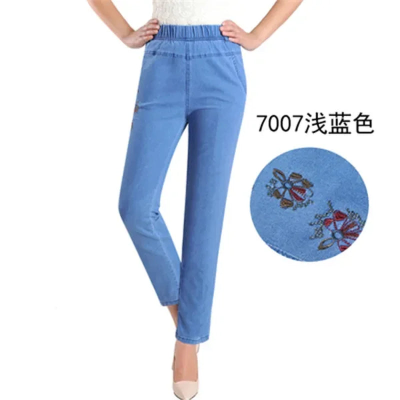L-5XL Jeans Female Spring Summer New Embroidery Nine Denim Pants Slim High Waist Elasticity Casual Women Cowboy Pants H450