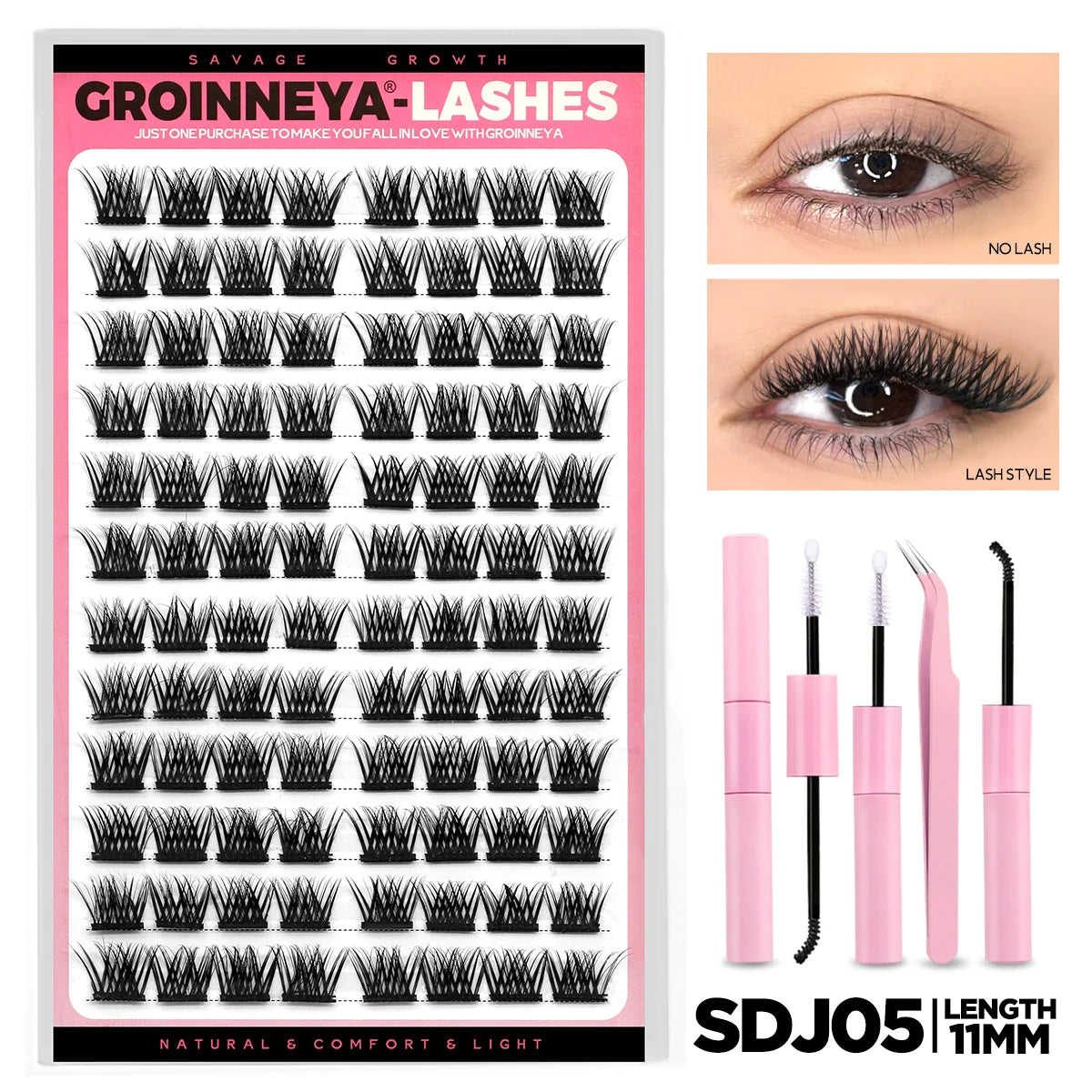 Cat Eyelashes Clusters Kit Winged End Eye Elongated DIY Lash Extension Kit Lash Bond & Seal & Eyelash Tweezers Fox Eye