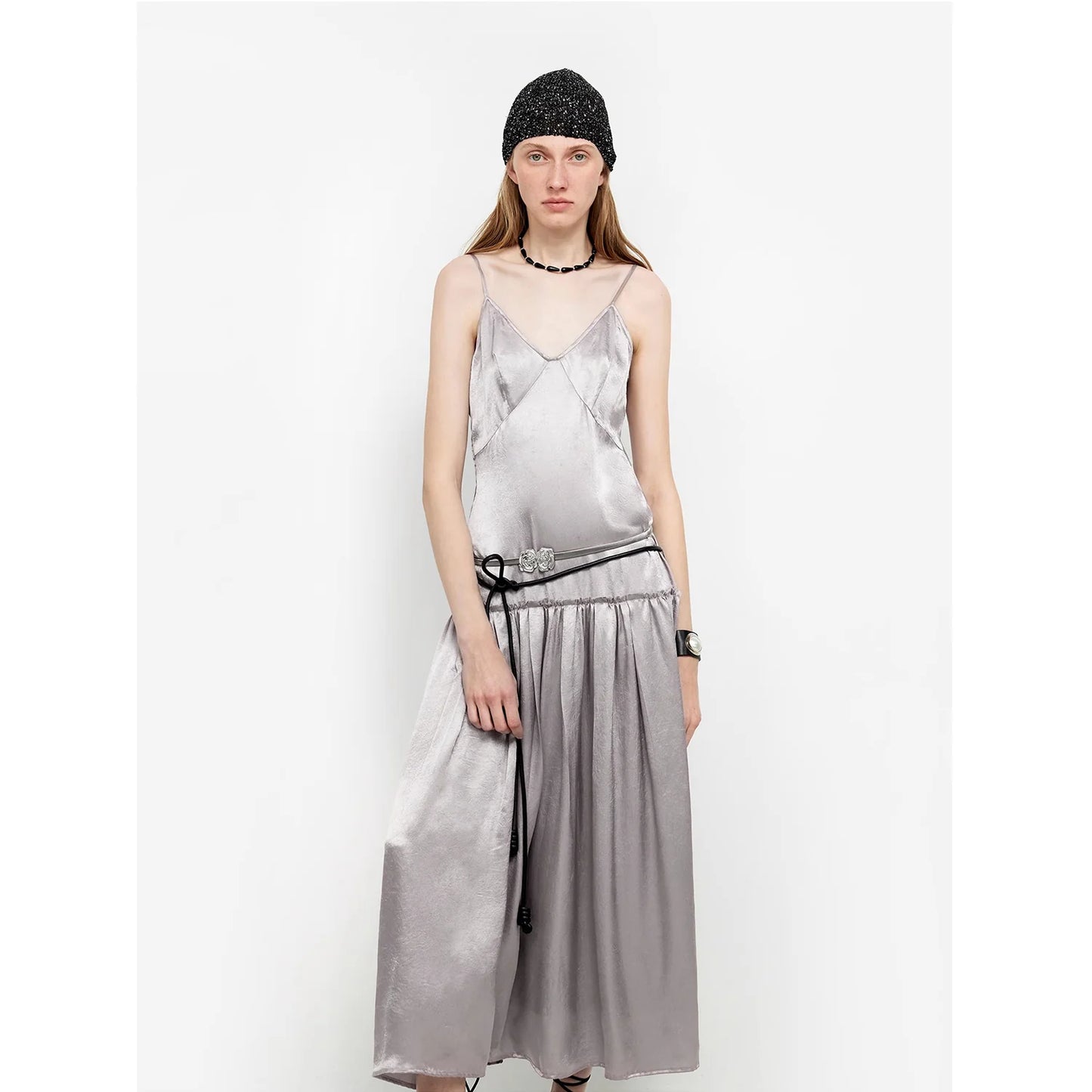 Luxurious and Light, Glossy and Silky 100% Acetate Low-Waisted Long Suspender Dress "Girls' Letterhead"