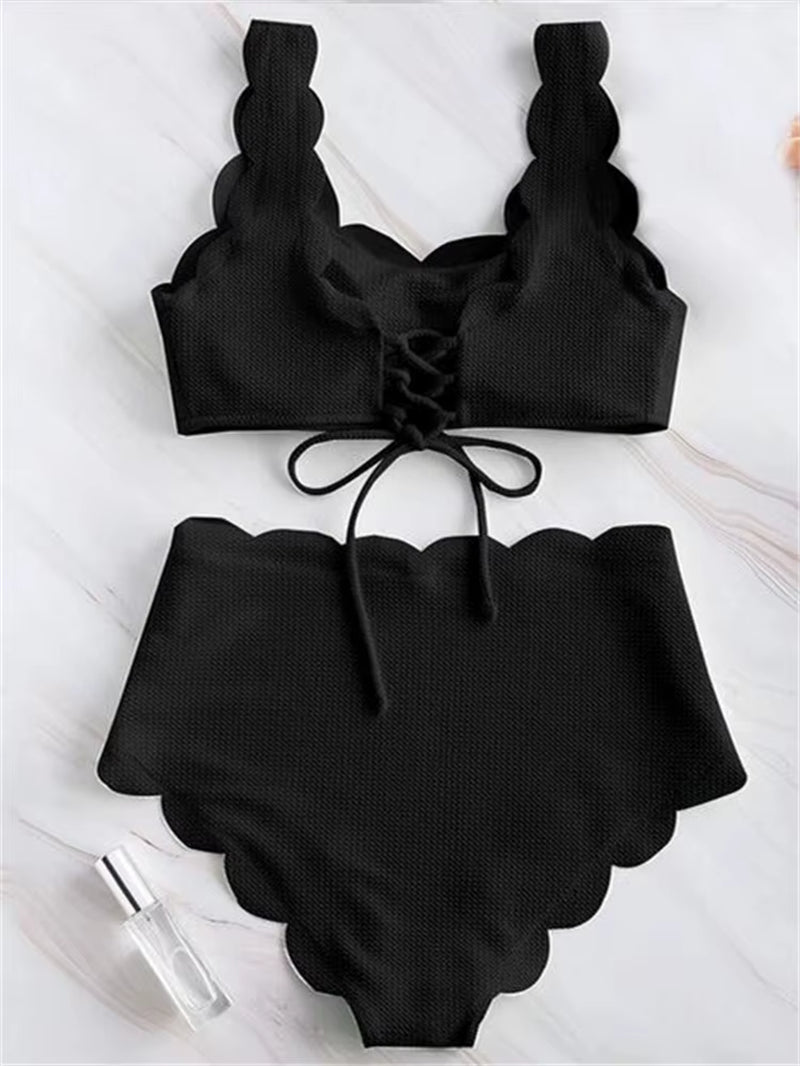 Solid Blue Two Pieces Swimsuit Bathing Suits Bikini Women Scalloped Textured High Waisted Bikini Set Lace up Bathing Suits XXL